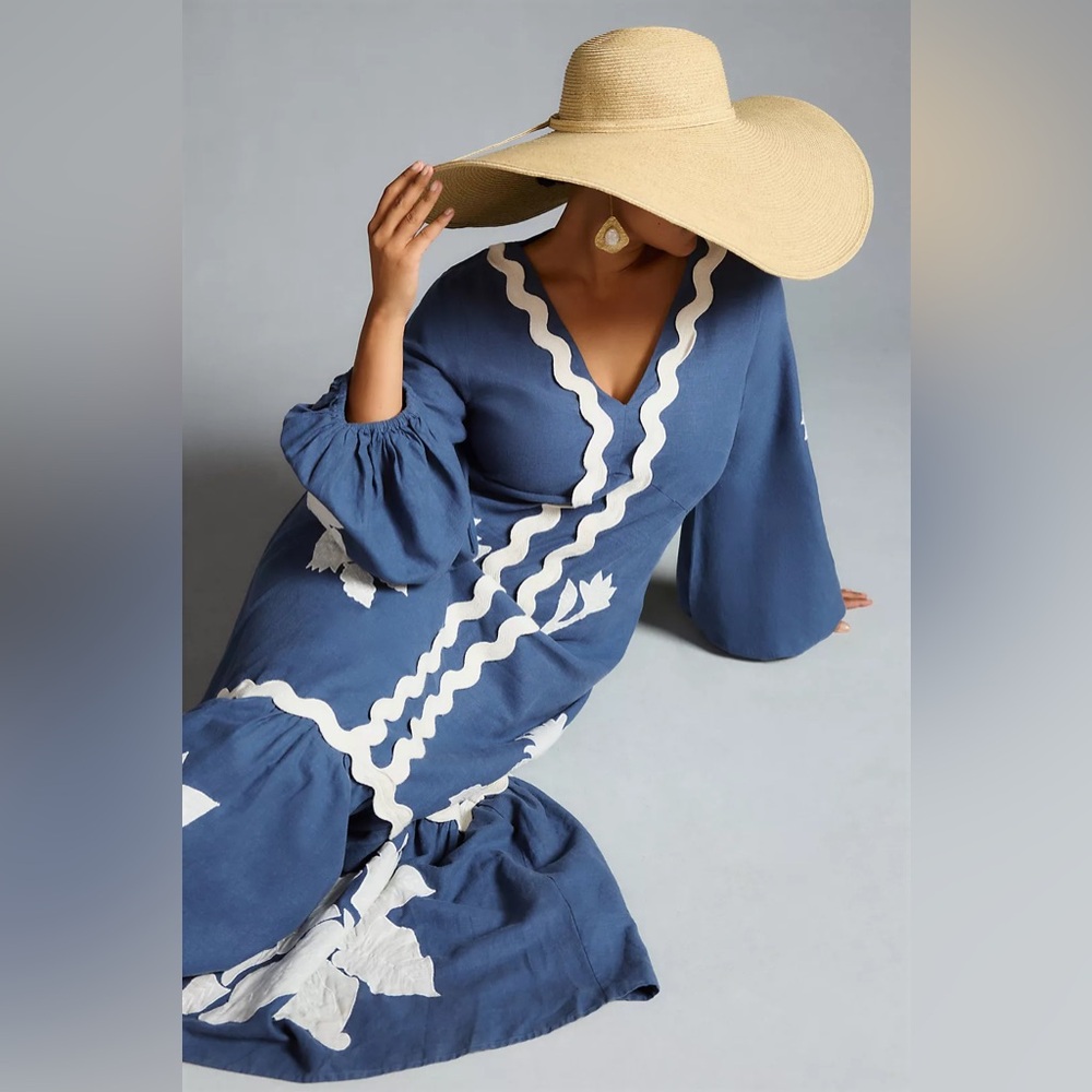 FARM Rio Blue Maxi Dress with White Appliqué